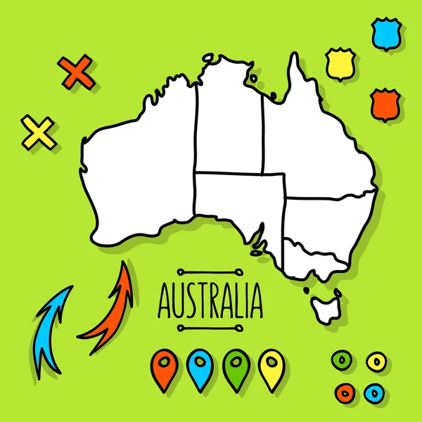 Freehand Australia travel map on green background with pins vector illustration — Stock Vector
