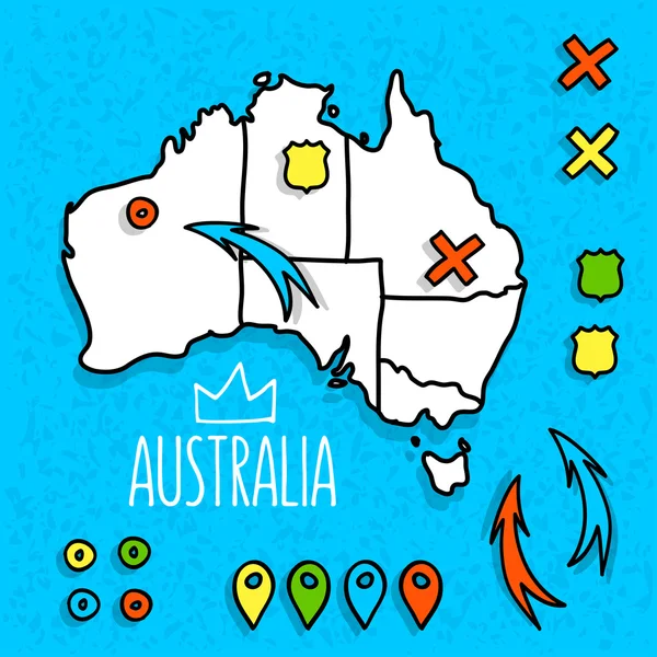 Карта путешествий в стиле мультика Австралия с векторной иллюстрацией булавок — стоковый вектор