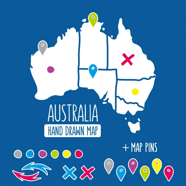 Handgezeichnete Australien-Reisekarte mit Pins-Vektor-Illustration — Stockvektor