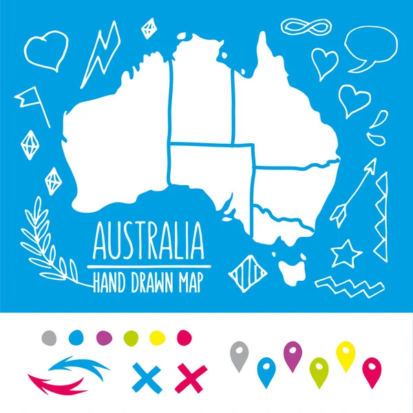 Avustralya seyahat etmek harita iğne ile doodle ve ekstralar illüstrasyon vektör — Stok Vektör