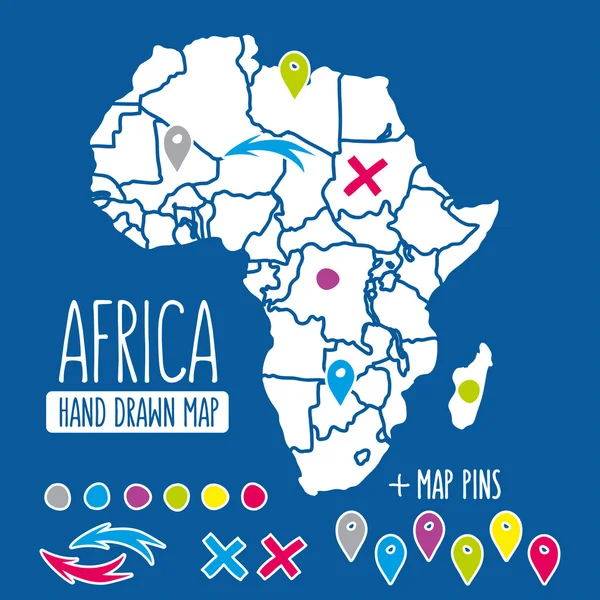 Handgezeichnete Afrika Reisekarte mit Pins Vektor Illustration — Stockvektor