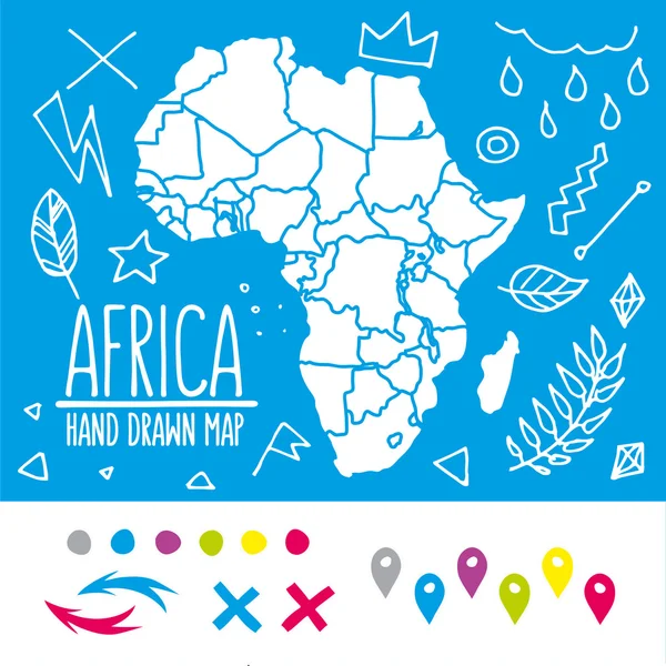 Mapa de viaje dibujado a mano de África con alfileres y garabatos vector de fondo — Vector de stock