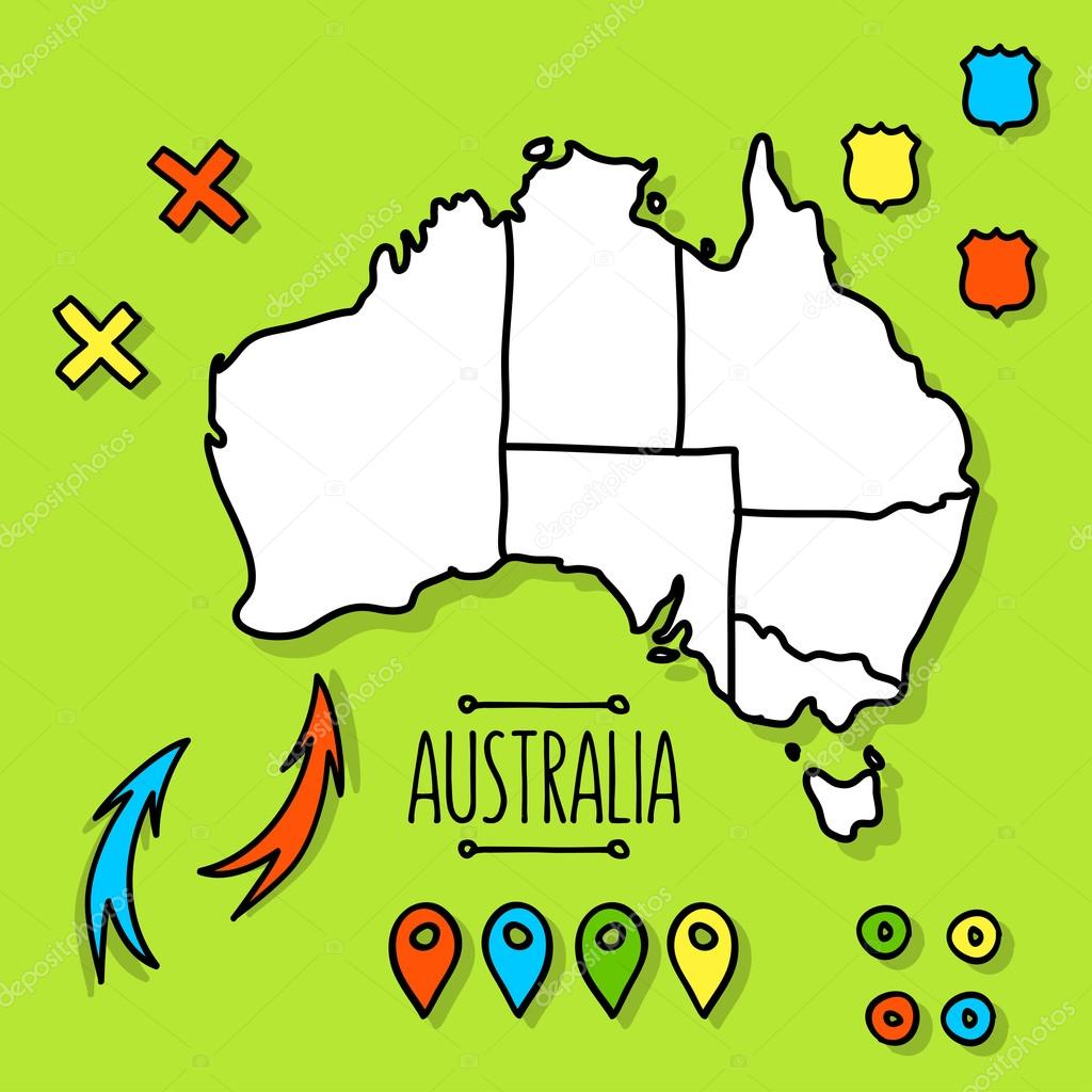 Freehand Australia travel map on green background with pins vector illustration