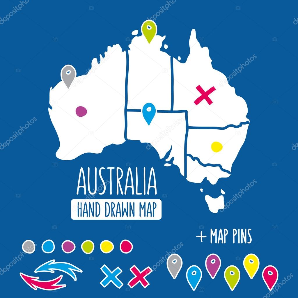 Hand drawn Australia travel map with pins vector illustration