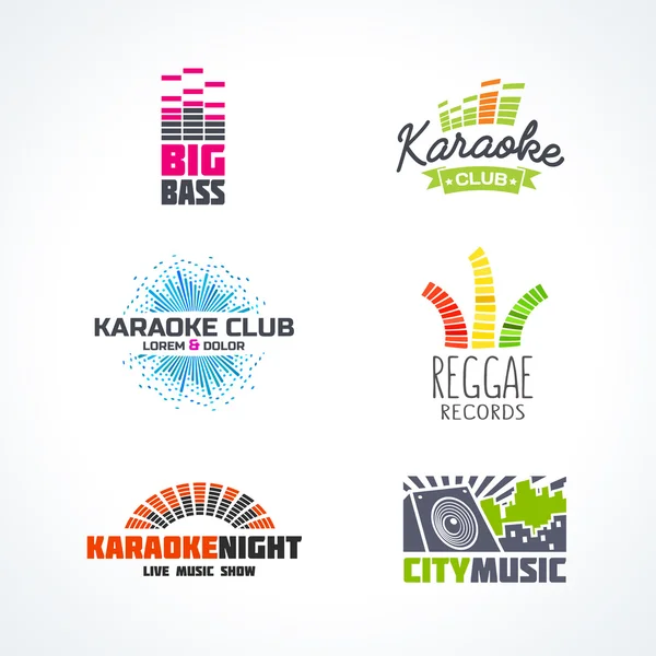 Vijfde set van dj muziek reggae bas karaoke equalizer logo vector — Stockvector