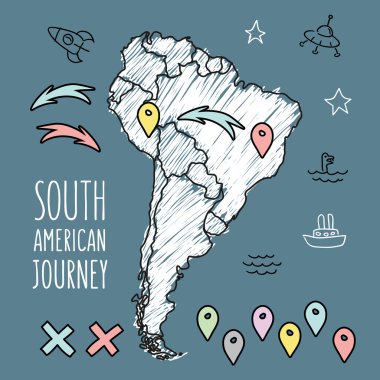 Güney Amerika harita iğne ile lacivert kara tahta üzerinde doodle ve ekstralar illüstrasyon vektör