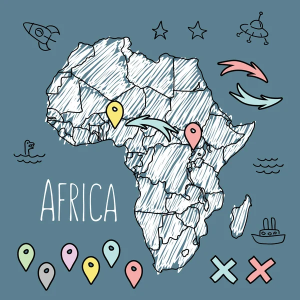 Doodle Africa map on blue chalkboard with pins and extras vector illustration — Stock Vector