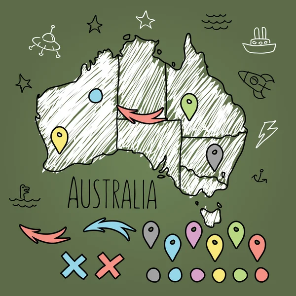 Doodle Australia map on green chalkboard with pins and extras vector illustration — Stock Vector