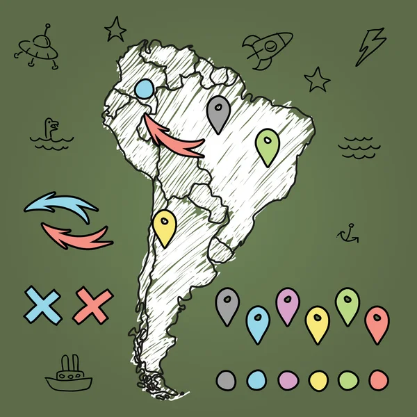 Doodle mapa de América del Sur en pizarra verde con pines y extras ilustración vectorial — Vector de stock