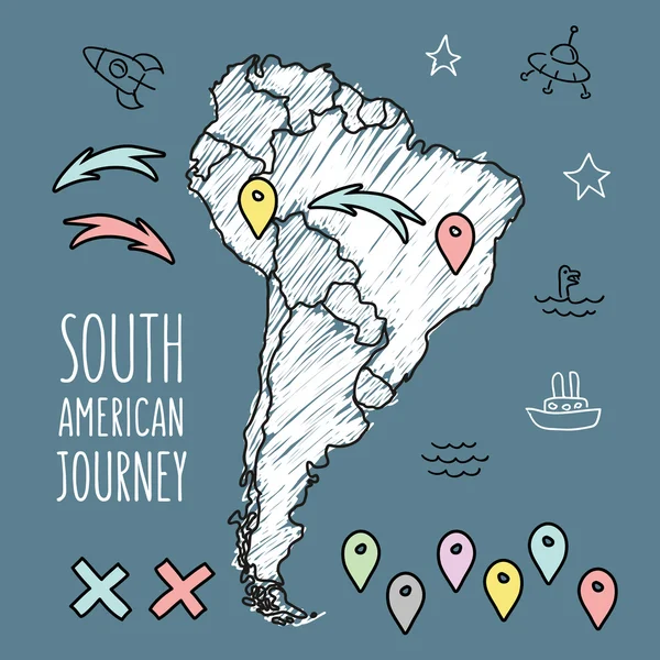 Doodle South America mapa em quadro azul marinho com alfinetes e extras ilustração vetorial — Vetor de Stock