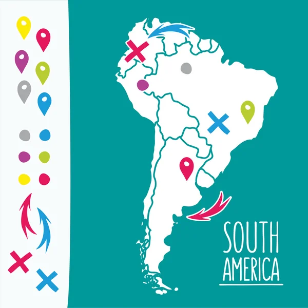 Vintage Carte de voyage dessinée à la main en Amérique du Sud avec des broches illustration vectorielle — Image vectorielle
