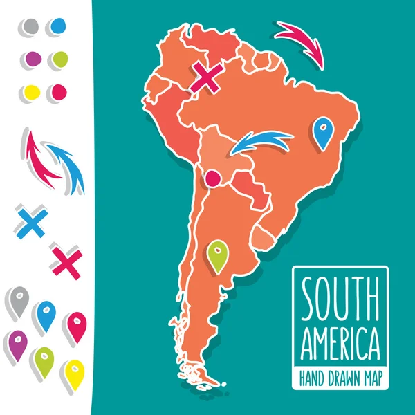 Kreskówka stylu ręcznie rysowane podróży Mapa Ameryki Południowej z ilustracji wektorowych szpilki — Wektor stockowy