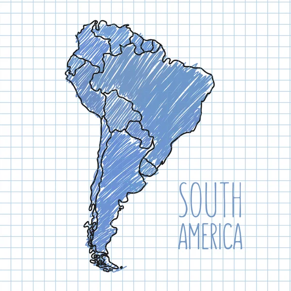 Vector lápiz dibujado a mano América del Sur mapa en papel ilustración — Archivo Imágenes Vectoriales