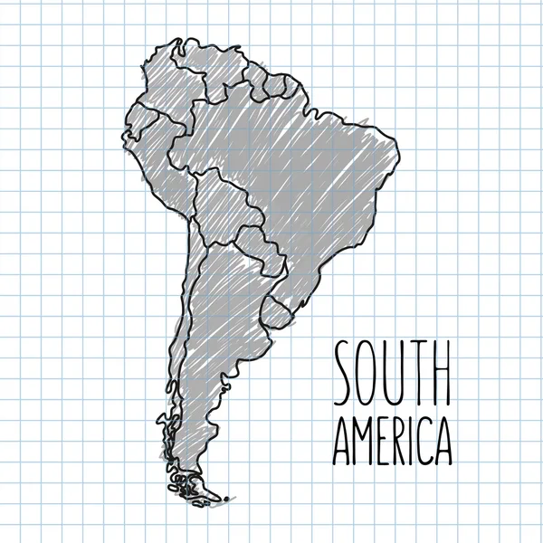 Grijze vector pen hand getrokken kaart van Zuid-Amerika op papier illustratie — Stockvector