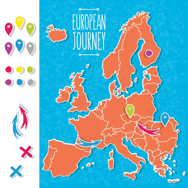 Kreskówka styl strony ciągnione podróż mapa Europy z ilustracji wektorowych szpilki — Wektor stockowy