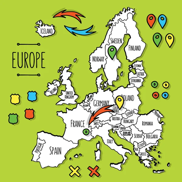 Dibujos animados estilo dibujado a mano mapa de viaje de Europa con pines vector ilustración — Archivo Imágenes Vectoriales