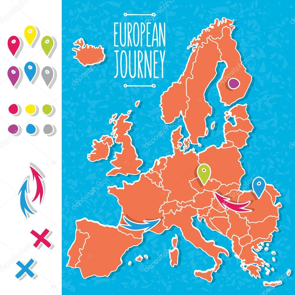 Cartoon style hand drawn journey map of europe with pins vector illustration