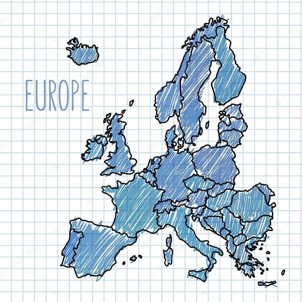Pen hand drawn Europe map vector on paper illustration