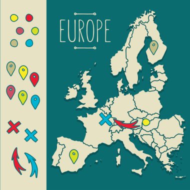 Vintage elle çizilmiş Avrupa seyahat Haritası pimleri vektör çizim ile