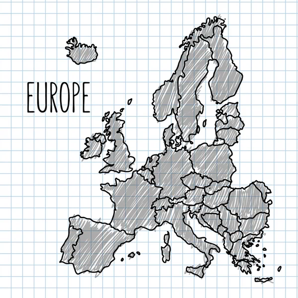 Schwarzer Stift, handgezeichneter Europa-Kartenvektor auf Papierillustration — Stockvektor