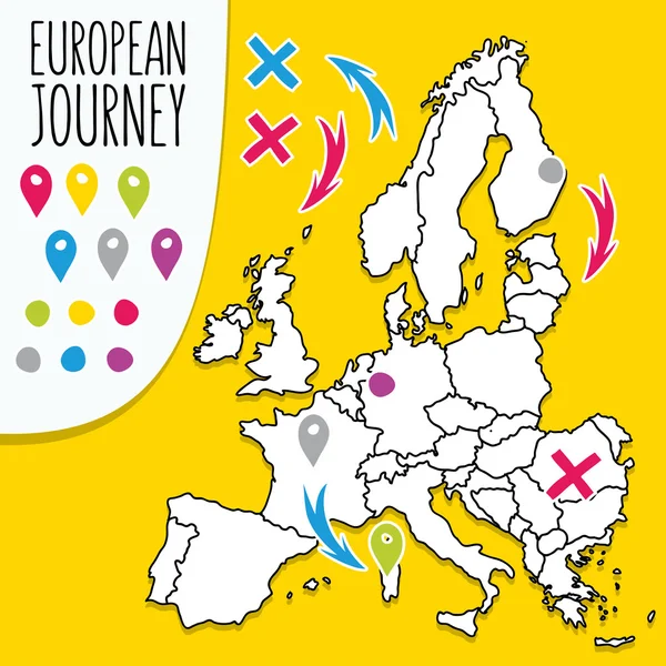 Dibujos animados estilo dibujado a mano mapa de viaje de Europa con pines vector ilustración — Vector de stock