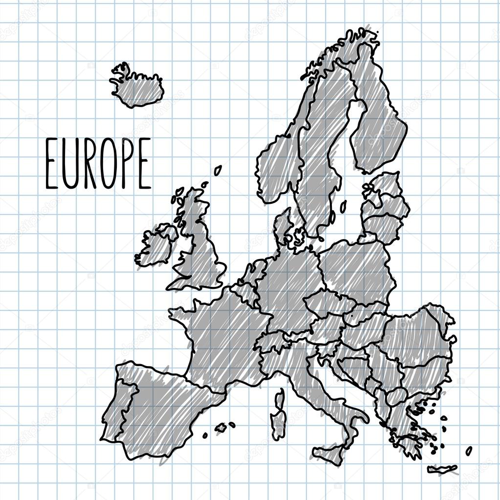 Black pen hand drawn Europe map vector on paper illustration