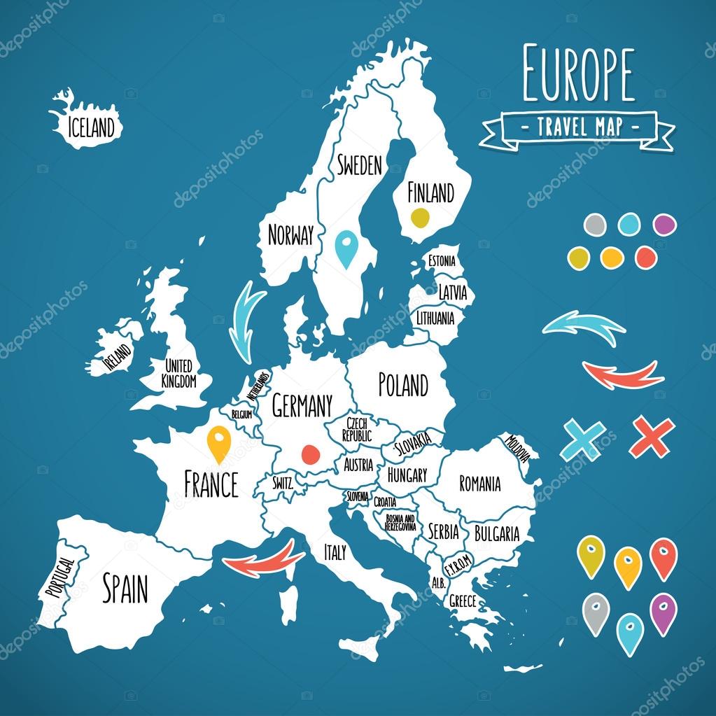 Hand drawn Europe travel map with pins vector illustration