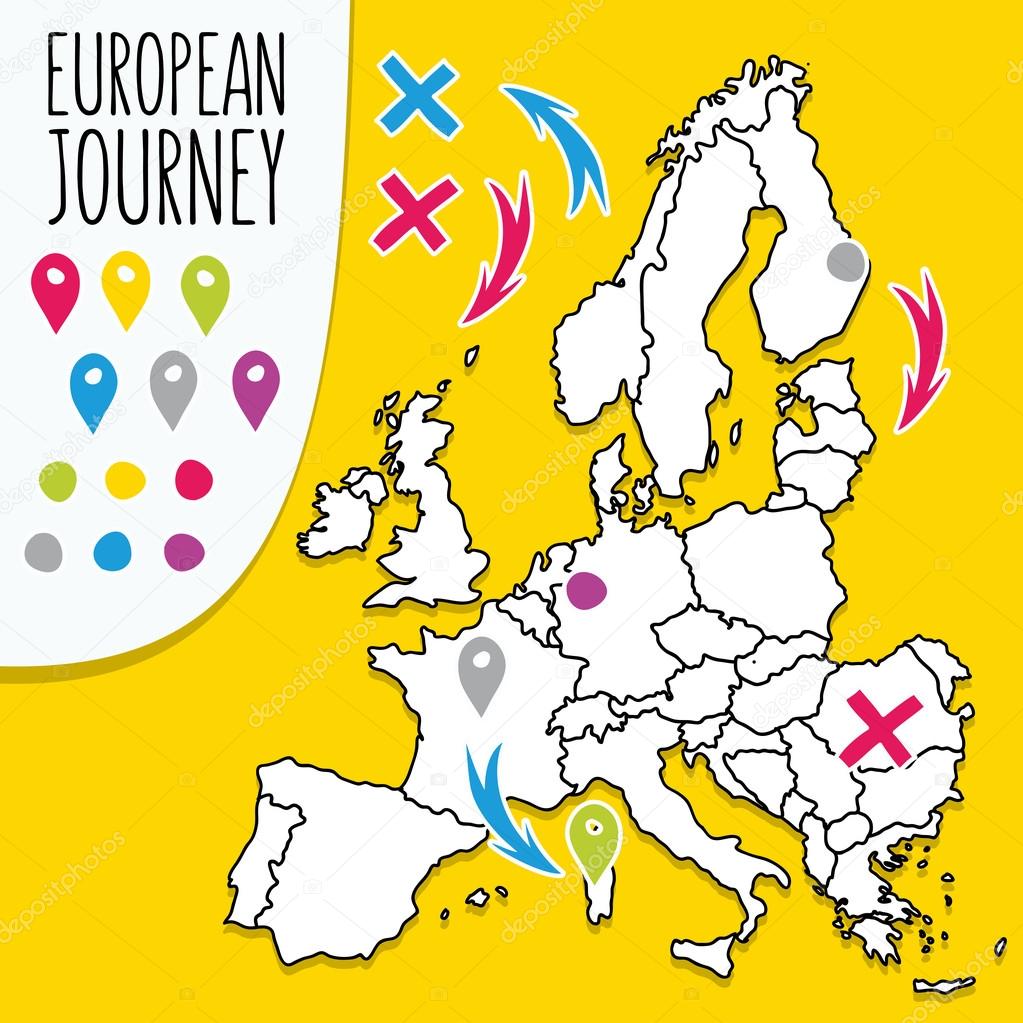 Cartoon style hand drawn travel map of Europe with pins vector illustration