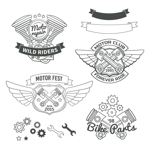 Motorcu vintage etiket, oldschool motor logo vektör tasarım öğeleri kümesi. 
