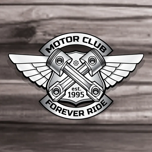 Biker logo vectorillustratie. Motor club zuiger vintage stalen etiketten. Racer insignia — Stockvector