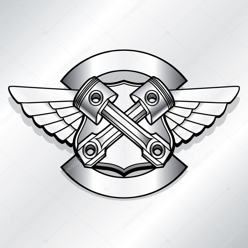 Vector biker logo illustration. Motor club piston vintage steel labels. Racer insignia.
