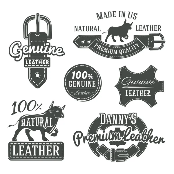 Set of vector vintage belt logo designs, retro quality labels. genuine leather illustration — Stock Vector