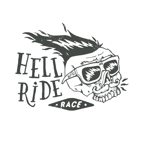 Hell ride race lettering. Mustached biker scull vintage print. Textured monochrome retro vector illustration — Stock Vector