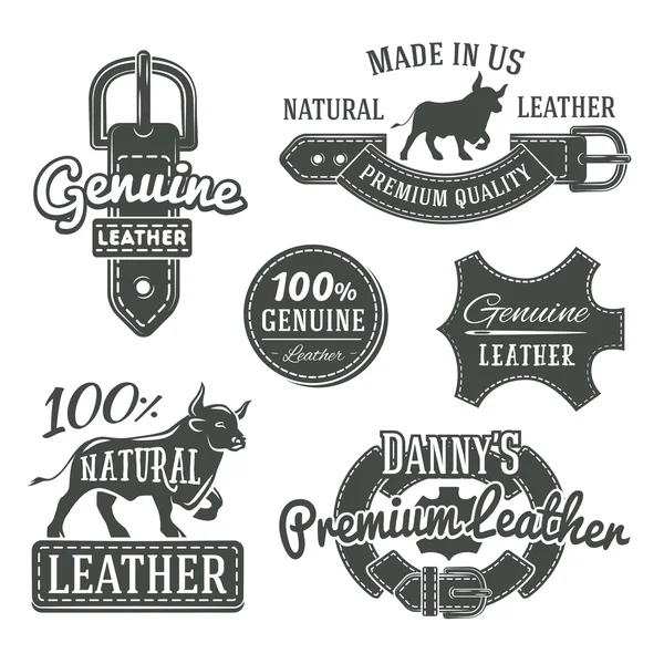 Conjunto de diseños de logotipo de correa vintage vector, etiquetas de calidad retro. ilustración de cuero genuino Vector de stock