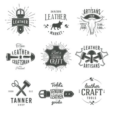 Gri vektör vintage usta logo tasarımları, retro hakiki deri araç etiketlerini ikinci kümesi. esnaf zanaat Pazar Insignia illüstrasyon