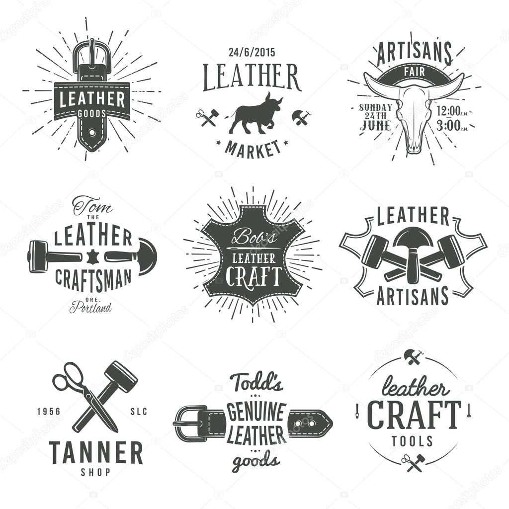 Second set of grey vector vintage craftsman logo designs, retro genuine leather tool labels. artisan craft market insignia illustration