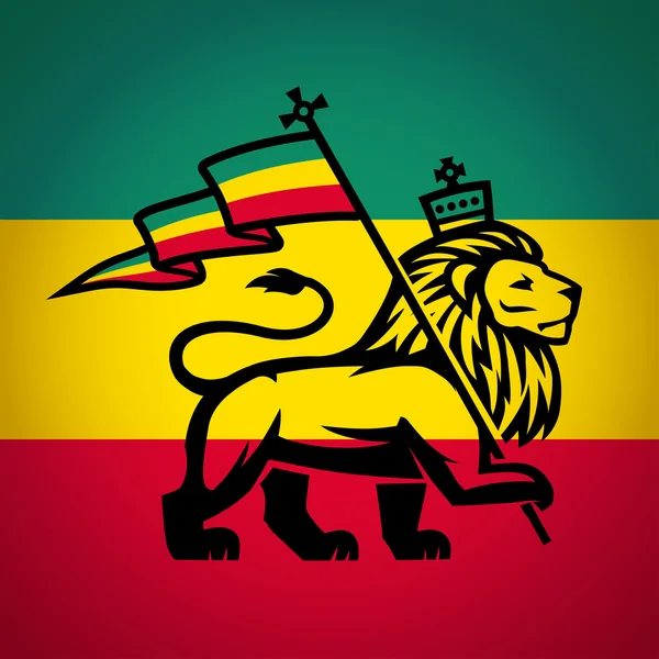 León de Judá con bandera rastafari. Ilustración del logotipo del Rey de Sion. Diseño vectorial de música Reggae — Vector de stock