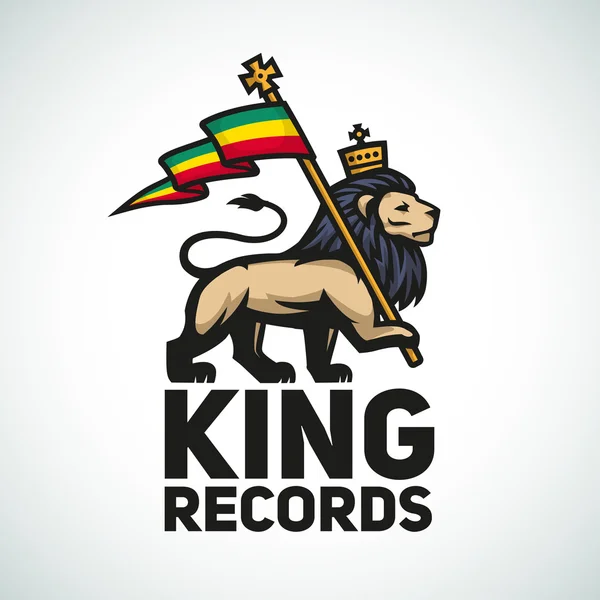 León de Judá con bandera rastafari. Ilustración del logotipo del Rey de Sion. Diseño vectorial de música Reggae — Vector de stock
