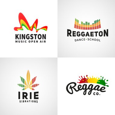 Set of positive ephiopia flag logo. Jamaica reggaeton dance music vector template. African culture print design. Colorful kingston company concept