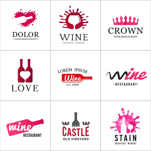 Set of wine bottle glass logo. Original winery sign design. Old vineyard vector elements