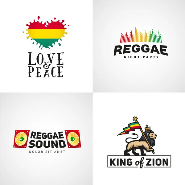 Set of reggae music vector design. Love and peace concept. Judah lion with a rastafari flag. King Zion logo illustration.