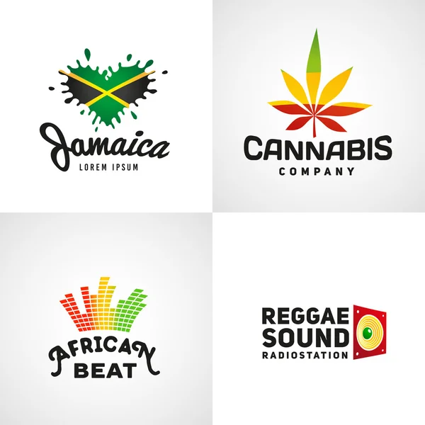 Satz afrikanischer Rasta-Beat-Vektor-Logos. Vorlage für Jamaica Reggae Musik. Buntes Cannabis-Firmenkonzept — Stockvektor