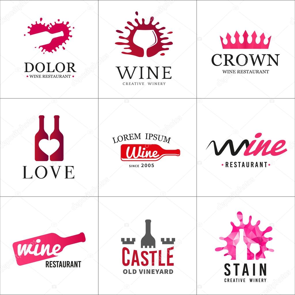 Set of wine bottle glass logo. Original winery sign design. Old vineyard vector elements