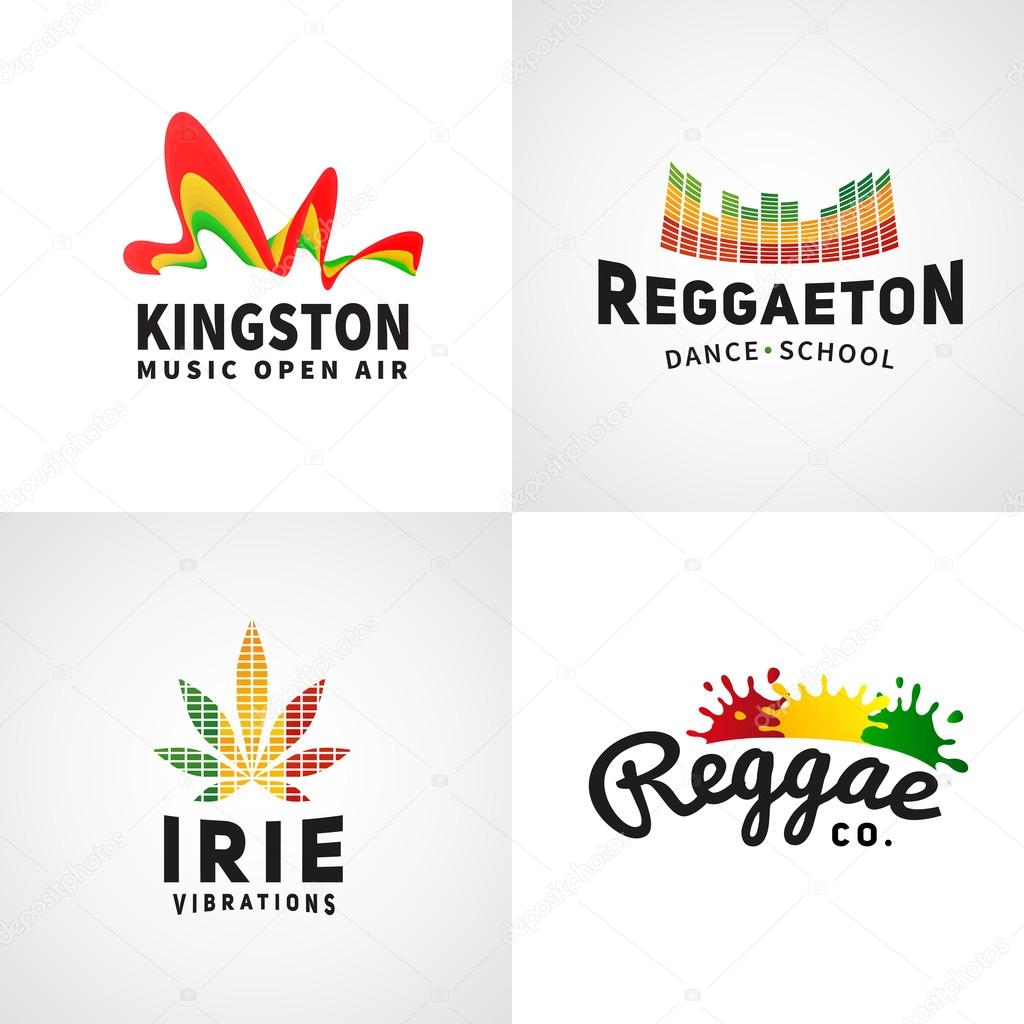 Set of positive ephiopia flag logo. Jamaica reggaeton dance music vector template. African culture print design. Colorful kingston company concept