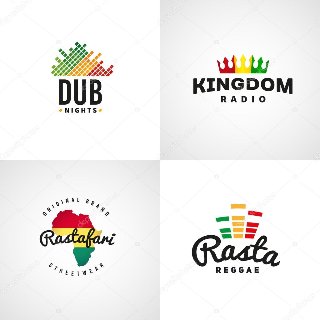Set of african rastafari sound vector logo designs. Jamaica reggae music template. Colorful dub concept