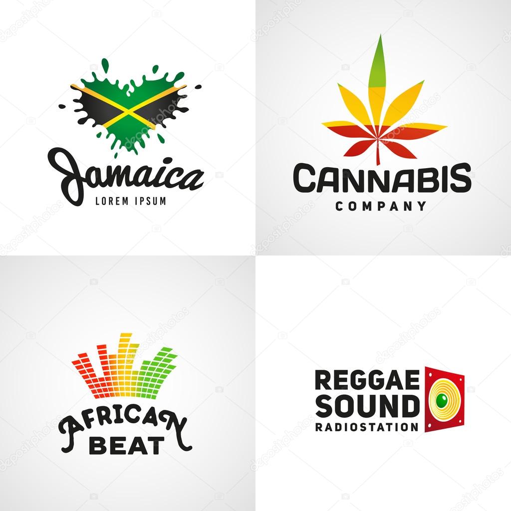 Set of african rasta beat vector logo designs. Jamaica reggae music template. Colorful cannabis company concept