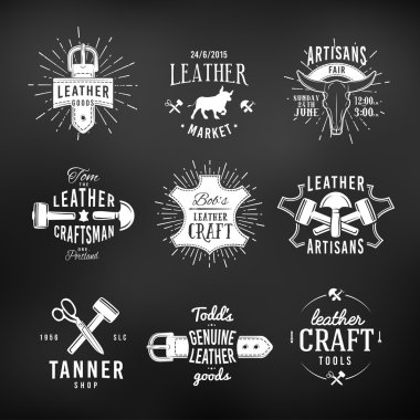 Set of leather craft logo designs, retro genuine vintage tool labels. artisans market insignia vector illustration on dark background