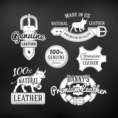 Set of leather quality goods vector designs. Vintage belt logo, retro labels. genuine illustration on dark background