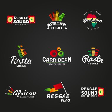 Set of african rastafari sound vector logo designs. Jamaica reggae music template. Colorful dub concept on dark background