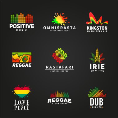 Set of positive africa ephiopia flag logo design. Jamaica reggae dance music vector template. Colorful speaker company concept on dark background clipart